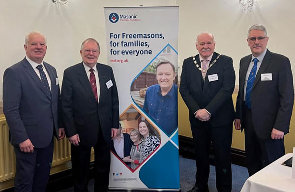 Pictured from left to right, are: Provincial Grand Charity Steward Paul Shirly, Assistant to the Provincial Grand Principals Colin Rowling, Deputy Mayor of Warrington, Graham Friend and Warrington Group Chairman Andy Barton. Pictured from left to right, are: Provincial Grand Charity Steward Paul Shirly, Assistant to the Provincial Grand Principals Colin Rowling, Deputy Mayor of Warrington, Graham Friend and Warrington Group Chairman Andy Barton.