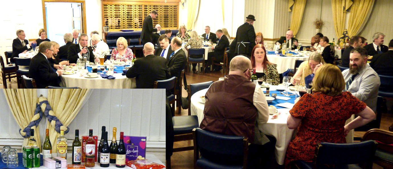 Brethren and guests enjoying the meal. Inset: Various prizes for the raffle. Brethren and guests enjoying the meal. Inset: Various prizes for the raffle.