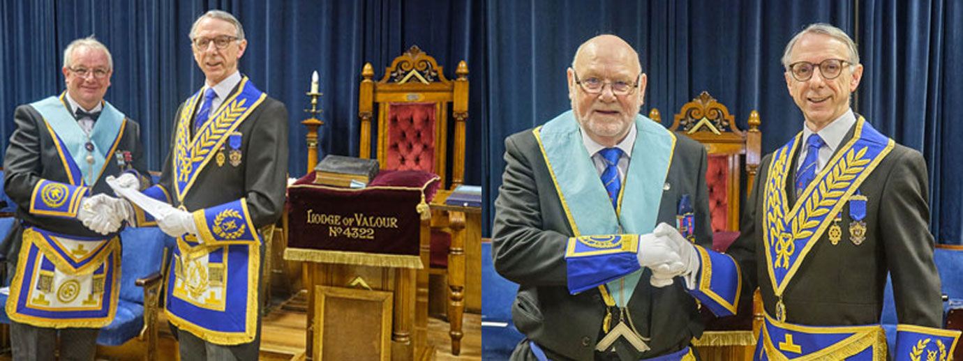 Pictured left: Alf Hayes (left) presenting cheques to Graham Williams. Pictured right: Installing master David Porter (left) and Graham Williams.