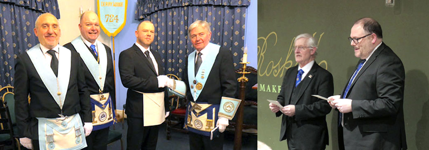 Pictured left from left to right, are: Andy Barr Barry Mault, Shaun Dumbell and Stephen White congratulating Shaun. Pictured right: Tommy Lunt (left) and Adam Kennaugh lead the singing of the Entered Apprentice Song. Pictured left from left to right, are: Andy Barr Barry Mault, Shaun Dumbell and Stephen White congratulating Shaun. Pictured right: Tommy Lunt (left) and Adam Kennaugh lead the singing of the Entered Apprentice Song.