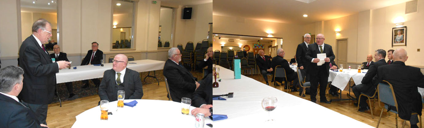 Pictured left: Colin explaining Royal Arch information pack to Alan. Pictured right: Alan thanking the companions for an enjoyable evening