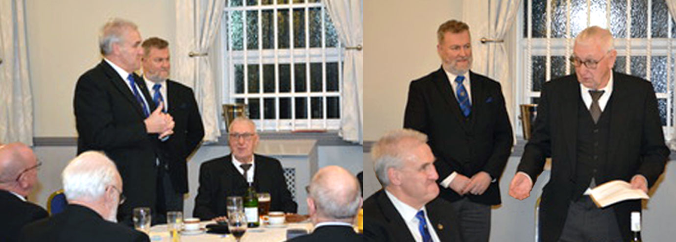 Pictured left: Andrew responding to the toast to grand officers. Pictured right: David responding to the toast to his health. Pictured left: Andrew responding to the toast to grand officers. Pictured right: David responding to the toast to his health.