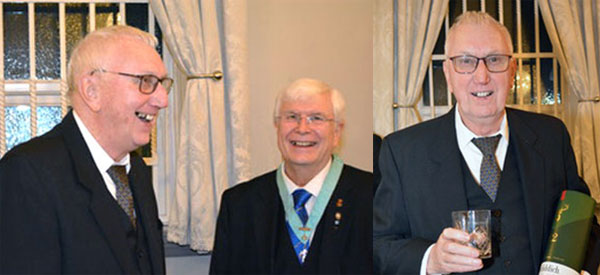Pictured left: David Clews (left) shares a joke with Ian Locke. Pictured right: David shows off the gifts from the lodge.