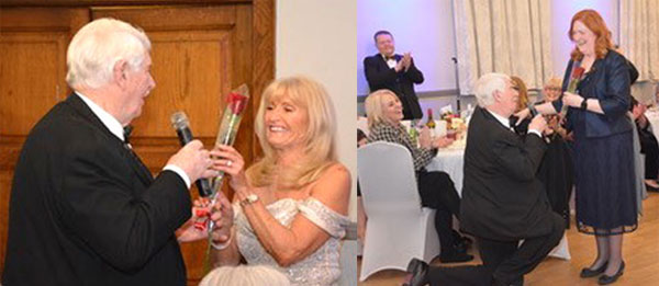 Pictured left: Joan Williams (wife of senior warden Bob) receiving roses from Norman Pritchard during Ladies Song. Pictured right: Jacquie receiving roses from Norman.