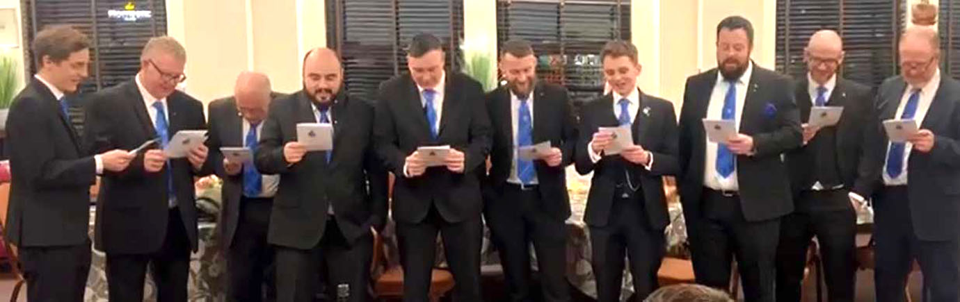 The younger members of the lodge singing the Visitors’ Song, although many present may dispute the term singing! The younger members of the lodge singing the Visitors’ Song, although many present may dispute the term singing!