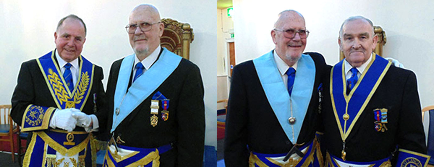 Pictured left: Graham Chambers (left) congratulates Clifford Boynton. Pictured right: WM Clifford Boynton (left) and immediate past master James Roberts.