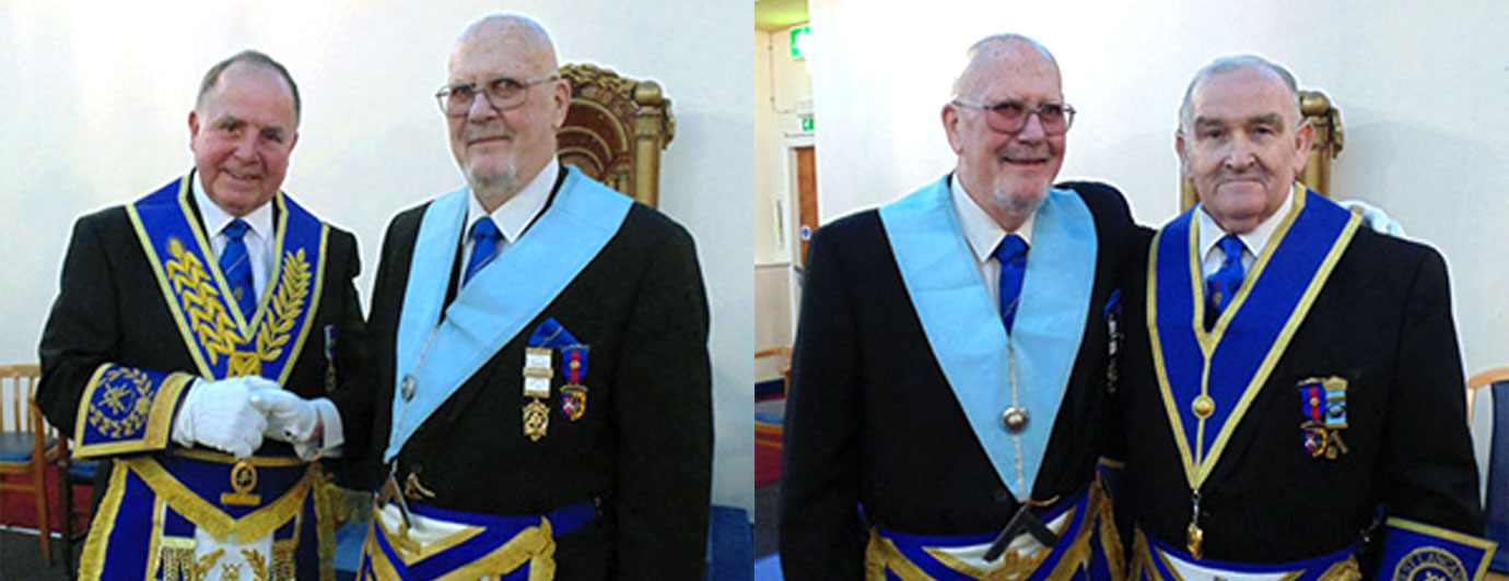 Pictured left: Graham Chambers (left) congratulates Clifford Boynton. Pictured right: WM Clifford Boynton (left) and immediate past master James Roberts. Pictured left: Graham Chambers (left) congratulates Clifford Boynton. Pictured right: WM Clifford Boynton (left) and immediate past master James Roberts.