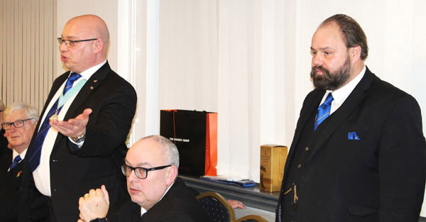 WM Darren Gregory (left) congratulating Ezra (right) and lodge members for superb initiation ceremony. WM Darren Gregory (left) congratulating Ezra (right) and lodge members for superb initiation ceremony.