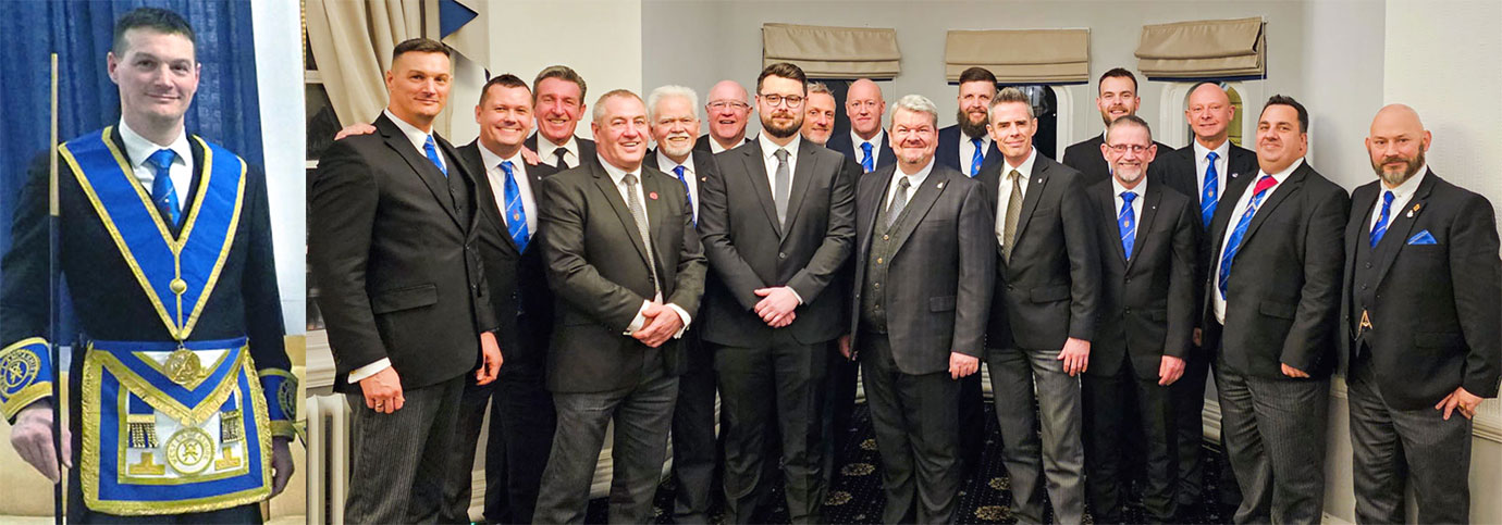 Pictured left: Ryan Modlin in his Provincial regalia. Pictured right: Newly initiated Ross Kelly, flanked by his proposer and seconder, Ian Tyrell and Ade May, and joined by members of Baines Lodge.