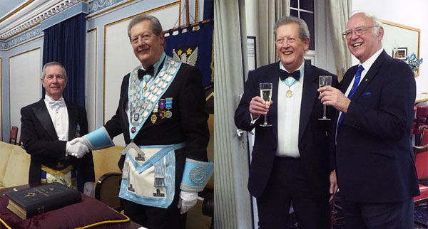 Pictured left: Steven Reid (left) congratulates Tony Smith on his installation into the chair. Pictured right: Tony Smith (left) enjoys a refreshing glass of champagne with David Ogden. Pictured left: Steven Reid (left) congratulates Tony Smith on his installation into the chair. Pictured right: Tony Smith (left) enjoys a refreshing glass of champagne with David Ogden.