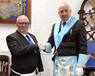 New initiate Stephen Jones with WM of Blainscough Lodge Paul Wilkinson. New initiate Stephen Jones with WM of Blainscough Lodge Paul Wilkinson.