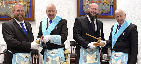 Pictured left: WM of St James Lodge Daniel Grime (left) receiving the gavel from Paul Wilkinson. Pictured right: A member of Carnarvon Lodge (left) passing the gavel to Blainscough Lodge.