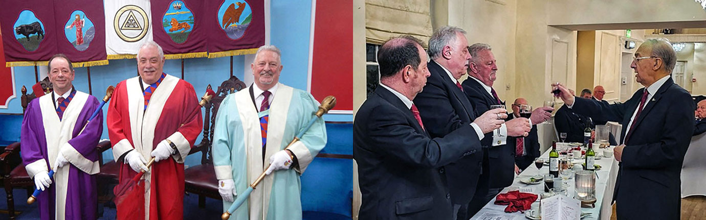Pictured left from left to right, are the new principals; Roger Sherlock, Derek Robinson and Bryn Hart. Pictured right: Dave Harrison (right) singing the principals’ song. Pictured left from left to right, are the new principals; Roger Sherlock, Derek Robinson and Bryn Hart. Pictured right: Dave Harrison (right) singing the principals’ song.