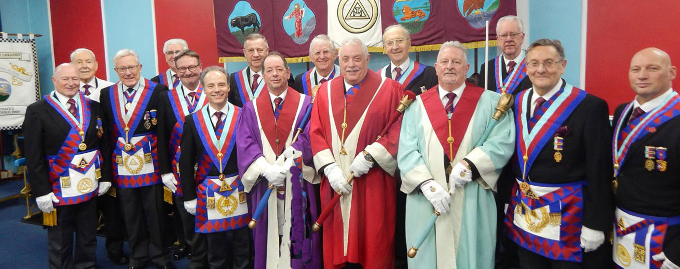 Jonathan Heaton (front row, left) and the installed principals with the grand and acting Provincial grand officers. Jonathan Heaton (front row, left) and the installed principals with the grand and acting Provincial grand officers.
