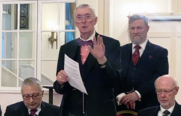 David Codling (centre) thanking the companions with Ibrahim Hussain (left), and David Edge (right), under the watchful gaze of David Boyes.