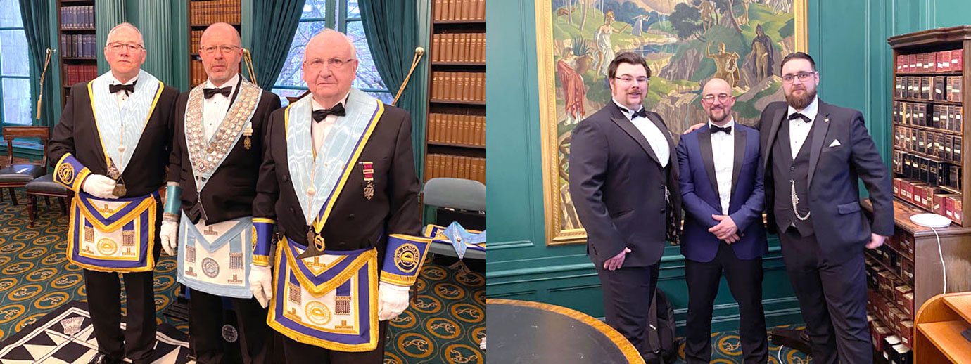 Pictured left from left to right, are: Don Evans (junior warden) Phil Osbourne and Alan Hutchinson (senior warden). Pictured right from left to right, are the presenters of the working tools: William John, Ian Knowles and Adam Lyons. Pictured left from left to right, are: Don Evans (junior warden) Phil Osbourne and Alan Hutchinson (senior warden). Pictured right from left to right, are the presenters of the working tools: William John, Ian Knowles and Adam Lyons.