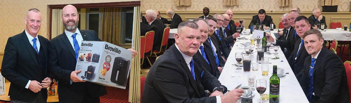 Pictured left: Aiden Murphy (left) presenting an air fryer to Martin Edmondson. Pictured right: Members of Rivington Lodge. Pictured left: Aiden Murphy (left) presenting an air fryer to Martin Edmondson. Pictured right: Members of Rivington Lodge.
