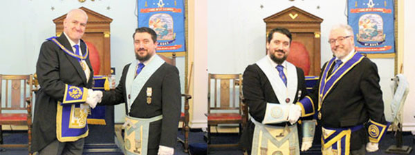 Pictured left: Andy (left) congratulates Jon on his installation. Pictured right: Installing master Dave (right) congratulates Jon.
