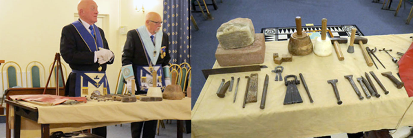 Pictured left: Tony Baker (left) stands before the tools with the lodge senior warden. Pictured right: A selection of the stonemasons’ tools. Pictured left: Tony Baker (left) stands before the tools with the lodge senior warden. Pictured right: A selection of the stonemasons’ tools.
