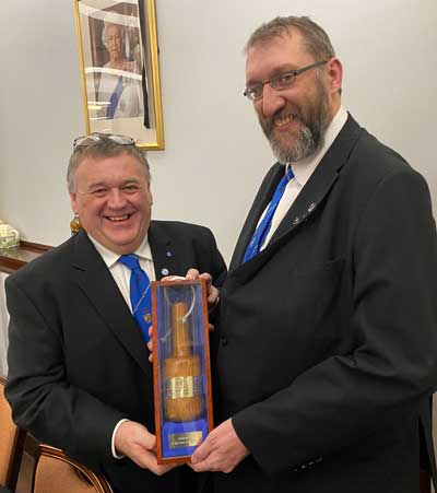 IPM of Lathom Abbey Lodge John Mercer (let) presenting the ‘traveling gavel’ Stuart Flynn. IPM of Lathom Abbey Lodge John Mercer (let) presenting the ‘traveling gavel’ Stuart Flynn.