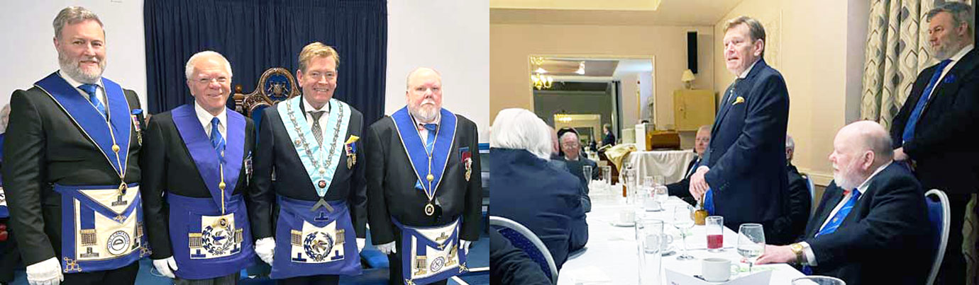 Pictured left from left to Right are: David Boyes, Derek Parkinson, Kevin Poynton and Iain Beckett. Pictured right: Kevin responding to the toast to his health. Pictured left from left to Right are: David Boyes, Derek Parkinson, Kevin Poynton and Iain Beckett. Pictured right: Kevin responding to the toast to his health.