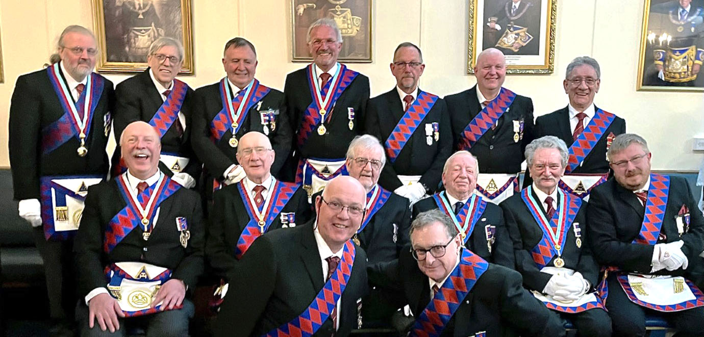 The members of the Ormskirk and Bootle group of chapters who took part in the Royal Arch joint convocation: pictured from left to right, front row are: Stephen Oliver and Rory Green. Middle row: Andy Clarke, David Sullivan, Mike Rimmer, Phil Powell, Ken Rouse and Lee Birchall. Back row: Russell Skidmore, John Wootton, Colin Shannon, Derek Midgley, Stuart Sidebottom, John Thompson and Mal Sandywell. 