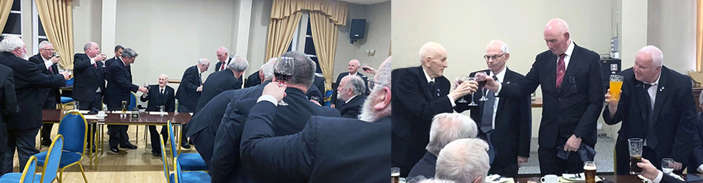 Pictured left: All toasting Allan (seated centre) on his 50 years celebration. Pictured right: The three principals of the chapter toasting Allan (left) on his special celebration.