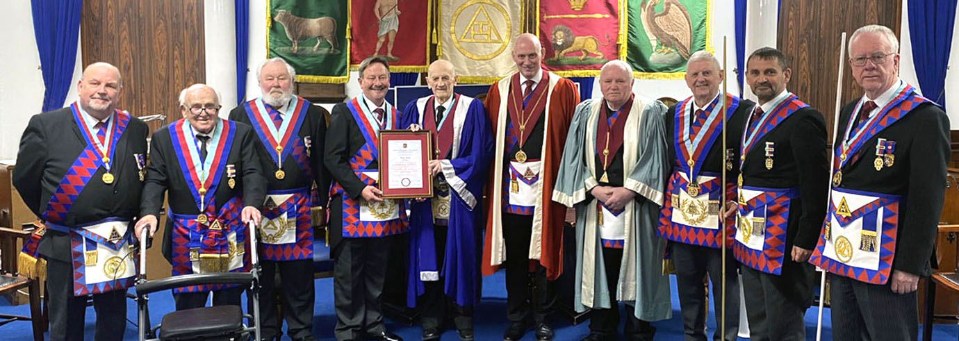 Allan Scott with Paul Hesketh and grand officers, group officials and acting Provincial grand officers.