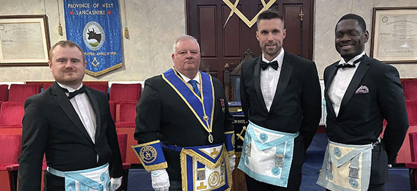 Pictured with the WM are the brethren who performed the working tools. From left to right, are: Danny Whittaker, WM Steve Gerrard, Mike Brockbank and Randy Ekakite 