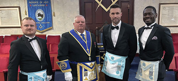 Pictured with the WM are the brethren who performed the working tools. From left to right, are: Danny Whittaker, WM Steve Gerrard, Mike Brockbank and Randy Ekakite Pictured with the WM are the brethren who performed the working tools. From left to right, are: Danny Whittaker, WM Steve Gerrard, Mike Brockbank and Randy Ekakite