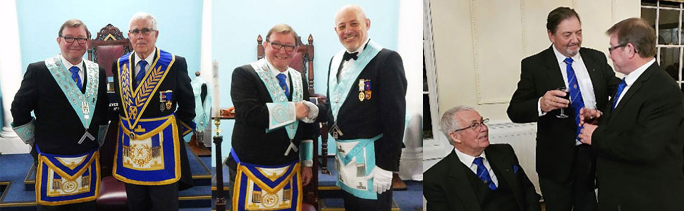 Pictured left: Ray Goth (left) with Geoffrey Porter. Pictured centre: Ray Goth (left) with installing master Gary Matthews. Pictured right: Brain Goth (centre) singing the Master’s Song to his brother Ray Goth at the festive board