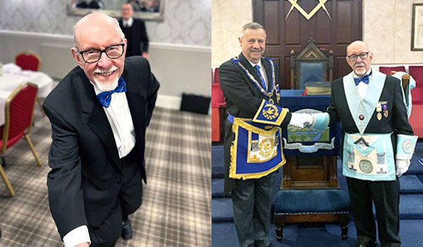Pictured left: David Scott greeting his members and guests. Pictured right: Peter Lockett (left) congratulating David Scott.