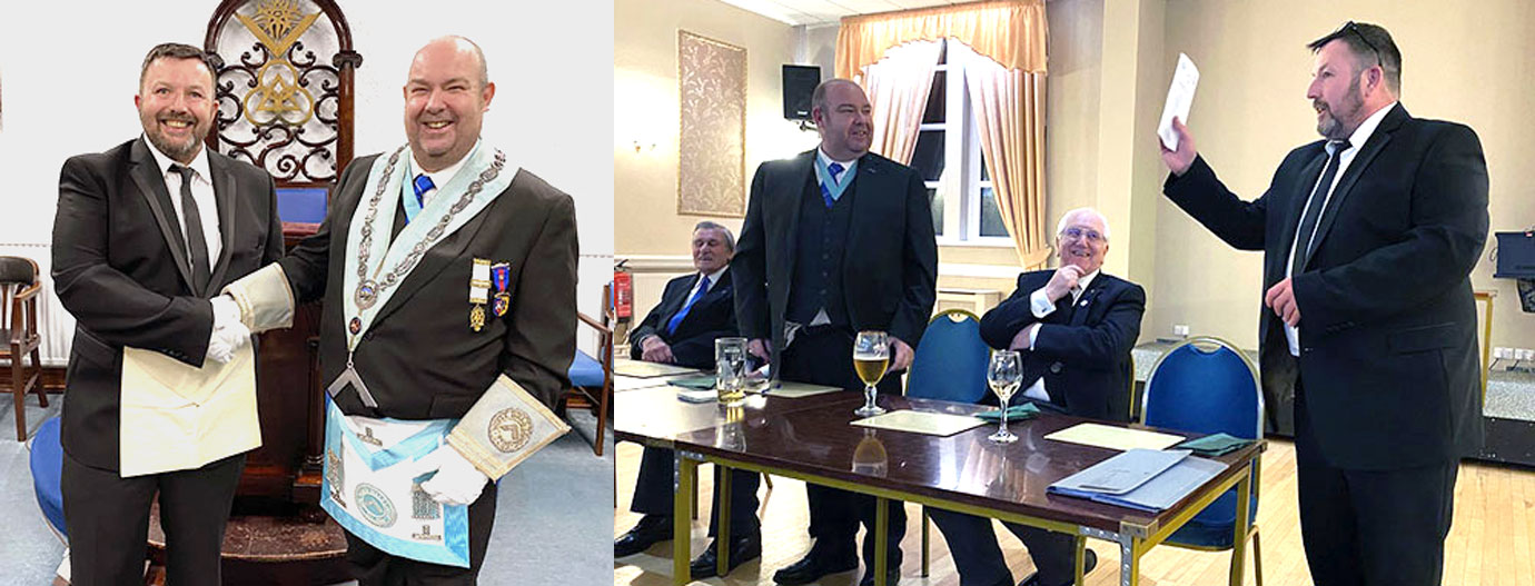 Pictured left: Stephen Peel (left) being congratulated by the WM Christopher Wilson. Pictured right: Stephen (right) thanking the lodge during his response to his health. Pictured left: Stephen Peel (left) being congratulated by the WM Christopher Wilson. Pictured right: Stephen (right) thanking the lodge during his response to his health.