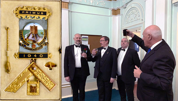 Pictured left: West Derby Castle Lodge first past master’s jewel. Pictured right from left to right, are: WM Roger Boyle, IPM Paul Devereux and DC Tom Grimes and being congratulated by principal guest Steve Kayne.