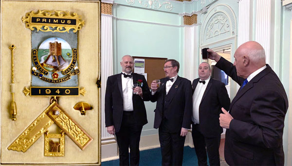 Pictured left: West Derby Castle Lodge first past master’s jewel. Pictured right from left to right, are: WM Roger Boyle, IPM Paul Devereux and DC Tom Grimes and being congratulated by principal guest Steve Kayne. Pictured left: West Derby Castle Lodge first past master’s jewel. Pictured right from left to right, are: WM Roger Boyle, IPM Paul Devereux and DC Tom Grimes and being congratulated by principal guest Steve Kayne.