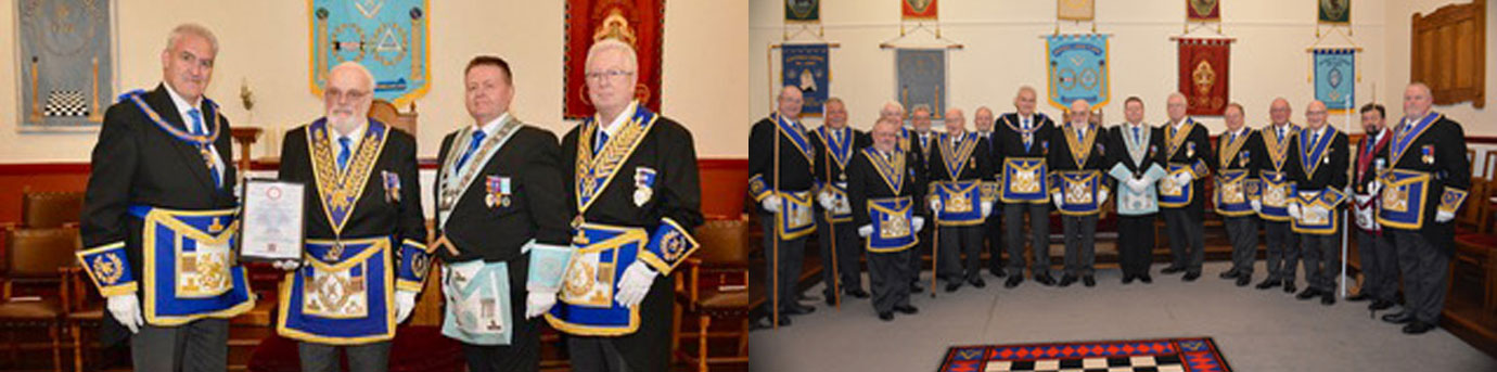 Pictured left from left to right, are: Andrew Whittle, David Redhead, Jim Ross and John Murphy. Pictured right: David Redhead flanked by Andrew Whittle and Jim Ross with grand officers, acting Provincial grand officers, Provincial grand officers and group officials.