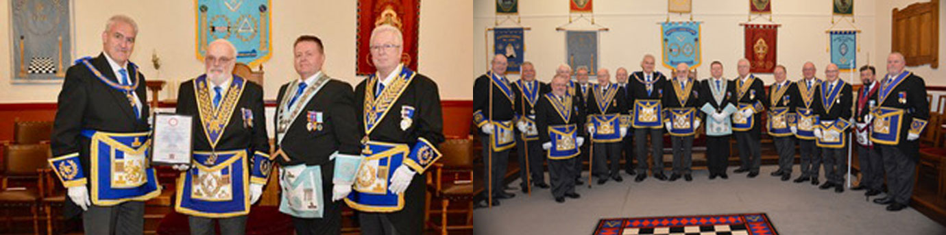 Pictured left from left to right, are: Andrew Whittle, David Redhead, Jim Ross and John Murphy. Pictured right: David Redhead flanked by Andrew Whittle and Jim Ross with grand officers, acting Provincial grand officers, Provincial grand officers and group officials. Pictured left from left to right, are: Andrew Whittle, David Redhead, Jim Ross and John Murphy. Pictured right: David Redhead flanked by Andrew Whittle and Jim Ross with grand officers, acting Provincial grand officers, Provincial grand officers and group officials.