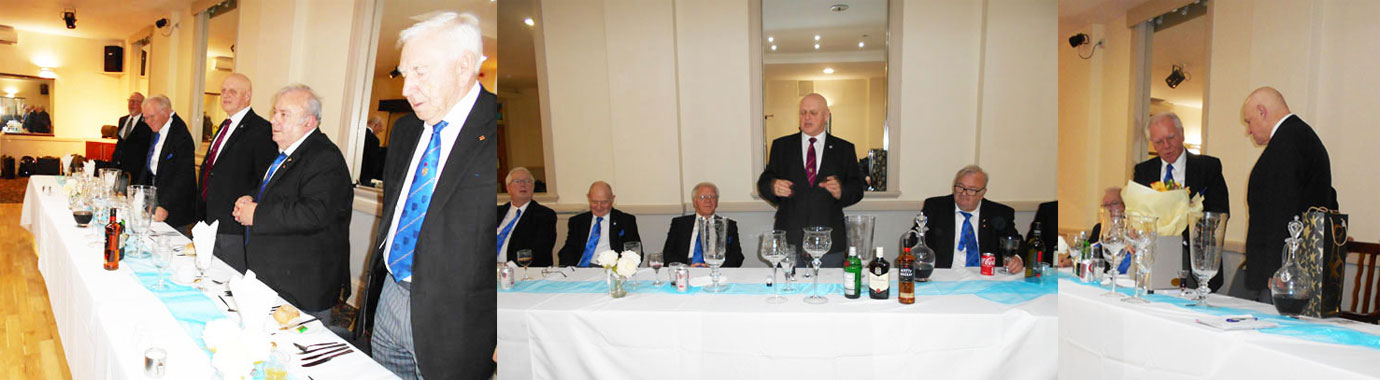 Pictured left: Festive board top table. Pictured centre: David thanking everyone for their attendance. Pictured right: Derek receiving a bouquet of flowers and a bottle of Laphroaig whisky from the lodge.