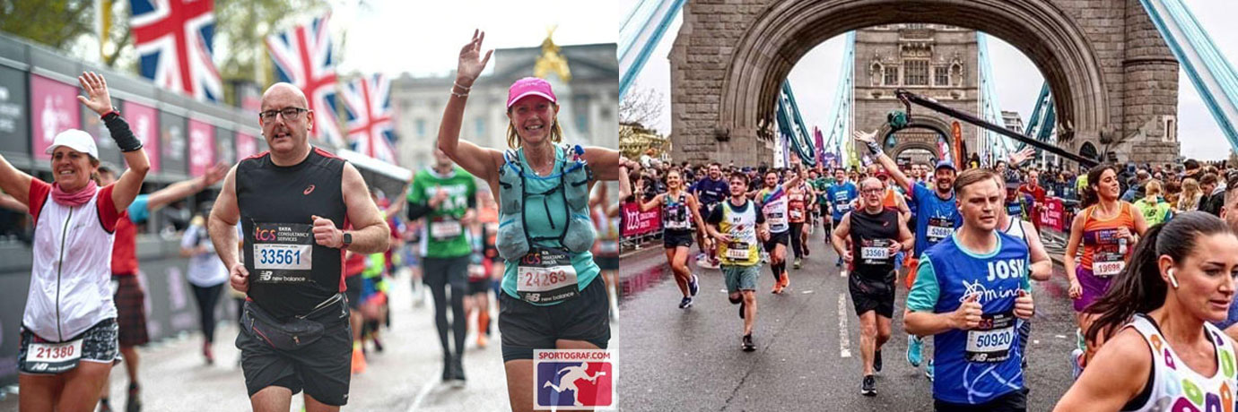 Pictured left: Ian Lynch gets a good pace going. Pictured right: Ian running through Tower Bridge.