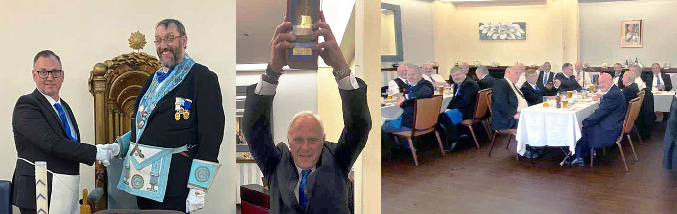 Pictured left: Andrew Sephton (left) being congratulated by the WM Stuart Flynn. Pictured centre: The WM of Aughton Lodge Mike Trigg claims the Travelling Gavel. Pictured right: Brethren enjoying the wonderful meal, wine and company at the festive board.