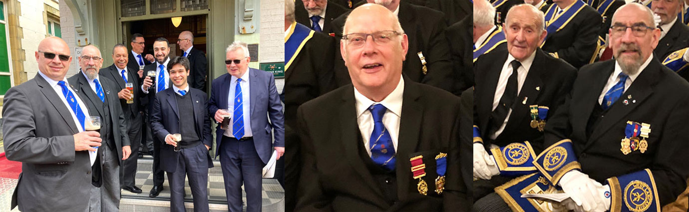Pictured left: South Eastern Group members awaiting the start of Provincial Grand Lodge. Pictured centre: Noel Grubb patiently awaiting the presentation of his honour. Pictured right: Tim Burns (left) and Alan Burrow awaiting their honours.
