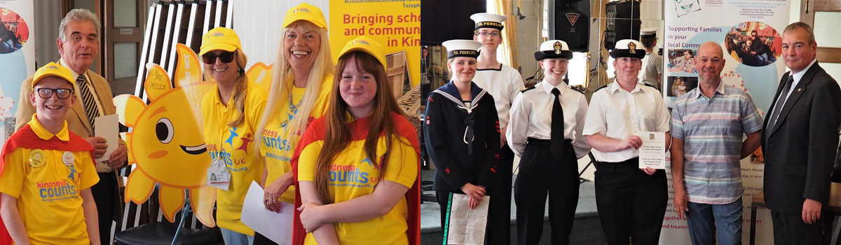 Pictured left: Visiting team from the Kindness Counts charity. Pictured right: Blackpool Sea Cadets receiving their cheque.