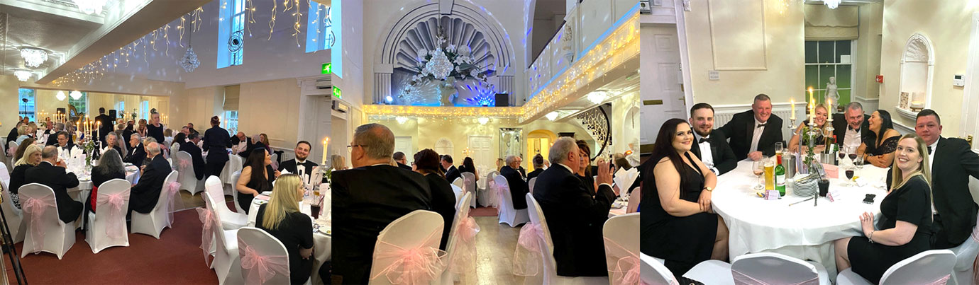 Pictured left: Ridgmont House gala dinner decorations. Pictured centre: Ridgmont House gala dinner decorations. Rivington Lodge members and partners enjoying the evening.