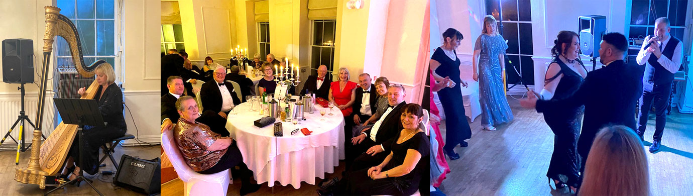 Pictured left: Maxine playing her harp for the opening act. Pictured centre: Peter and Lesley Allen with guests enjoying the evening. Pictured right: Tristan keeping the dancefloor alive with his singing.