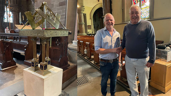 Pictured left: Masonic lectern inside the church. Pictured right: Howard Bowden (left) with Perfect Points Chairman Derek Robinson.