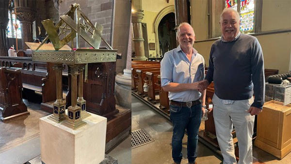 Pictured left: Masonic lectern inside the church. Pictured right: Howard Bowden (left) with Perfect Points Chairman Derek Robinson. Pictured left: Masonic lectern inside the church. Pictured right: Howard Bowden (left) with Perfect Points Chairman Derek Robinson.