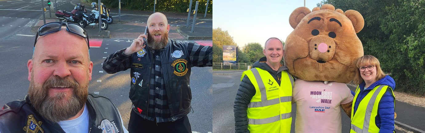 Pictured left: Jon Anderson (Widows Sons) (left) and Garry Hacking at the first point of the journey. Pictured right: Michael and Janet Kipping with the St Catherine’s bear.