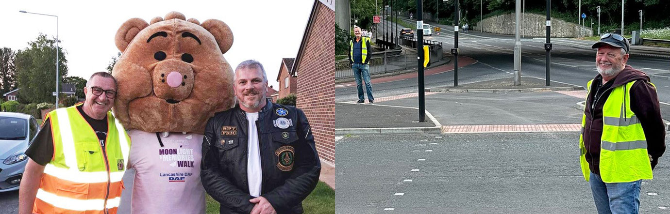 Pictured left: Maurice Sewter and Scott Burns with the St Catherine’s bear. Pictured right: Nigel Monks (left) and John Anderson (Eccleston Lodge) marshalling.