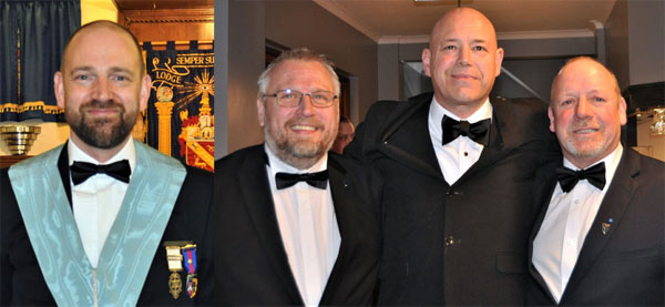 Pictured left: Master elect, Stuart Braithwaite looking very relaxed! Pictured right from left to right, are the light blues who recited the working tools: Steve Leonard, Simon Stringer and Stuart Oliver. 