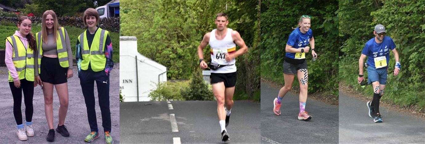 Pictured from left to right, from left to right, are: Gracie, Charlotte and Sophie ready and awaiting the first runners at their checkpoint. Beau Smith leading the race. A ‘10 in 10’ runner feeling the miles. Another ‘10 in 10’ runner battling the fatigue.